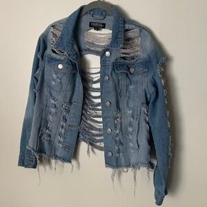 Thrill Jeans Distressed Denim Jacket Size M Ripped Boho Grunge Trucker Festival